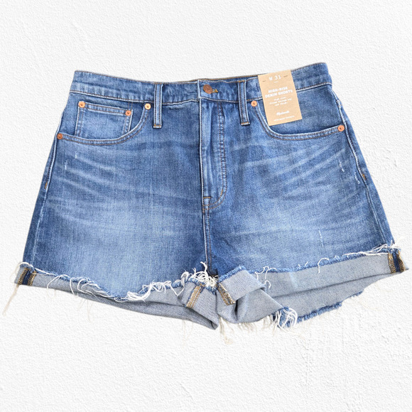 Madewell Medium Wash High-Rise Denim Shorts Size 31 NWT Raw Hem Rolled Cutoffs - Picture 1 of 11